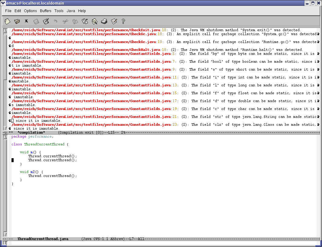 Lint4j Emacs Integration Screenshot